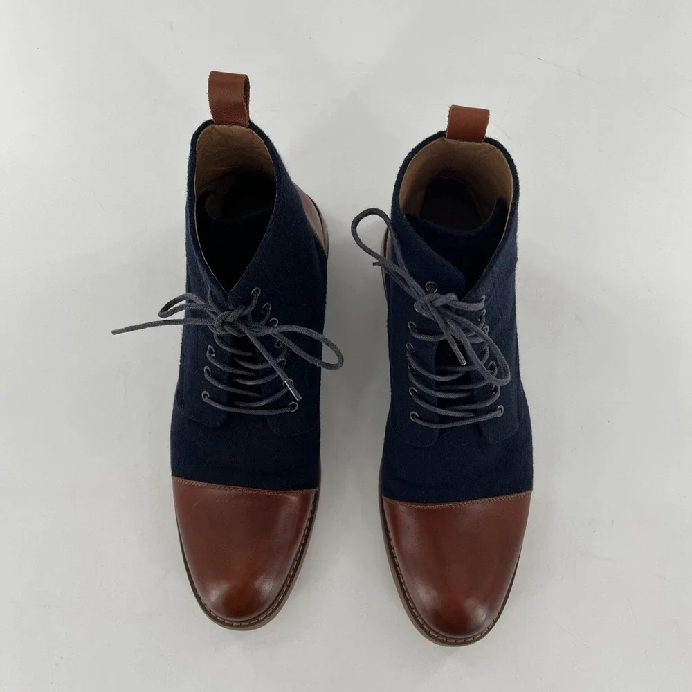 La Milano Mens Lace Up Boots Stance Cognac‎ Navy Leather Fabric Cap Toe Size 14